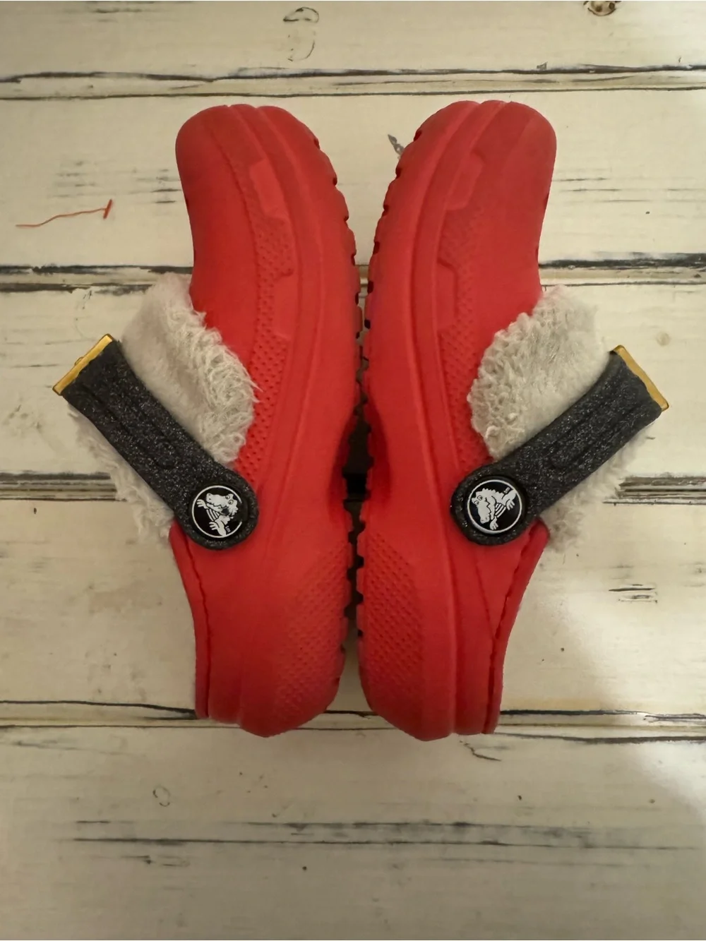 CROCS Kids Red Faux-Fur Lined Clogs with Black Strap and Gold Buckle